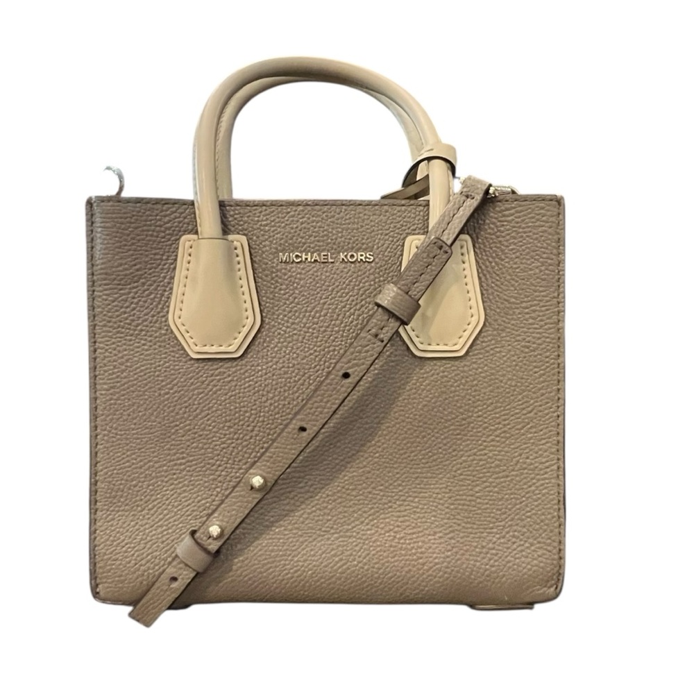 Michael Kors Mercer Small Handbag Logo Hardware Two Tone Brown‎ Leather Purse